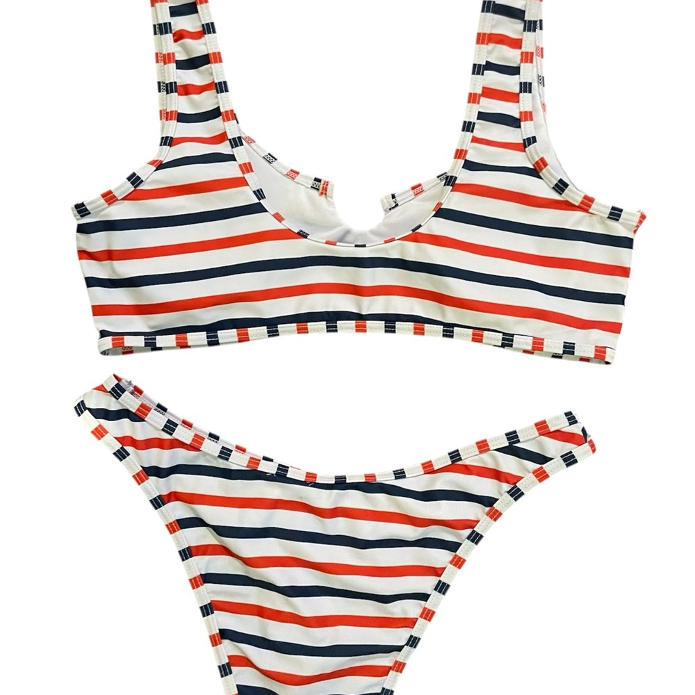 SHEIN Red and Blue Striped Bikini Sporty Crop-Top Americana USA